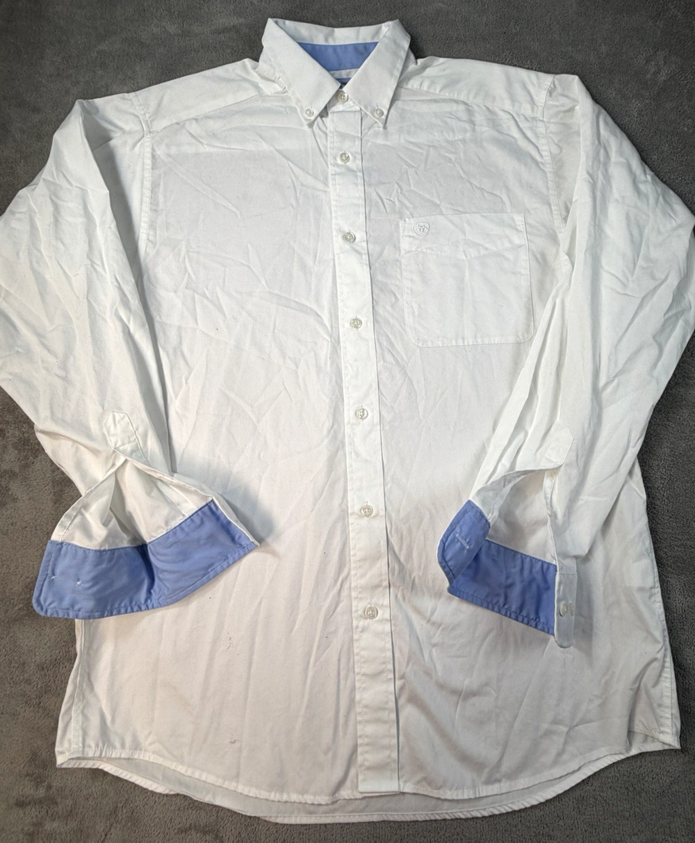 Ariat Men's White Wrinkle-Free Long Sleeve Button Down Dress Shirt M Flip Cuff